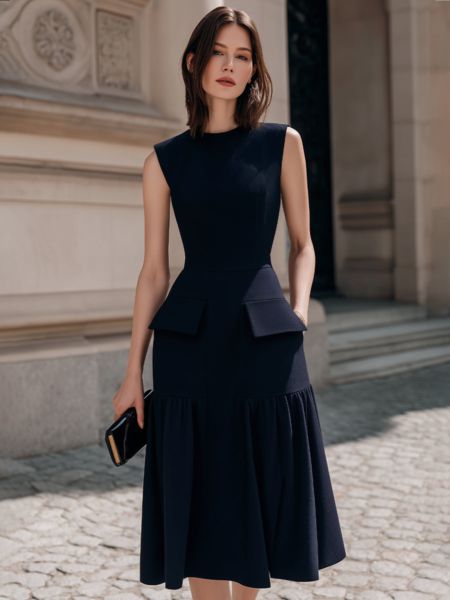 Structured Sleeveless Midi Dress With Flared Hem