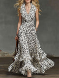 Leopard Print Ruffled V-neck Chiffon Sleeveless Maxi Dress
