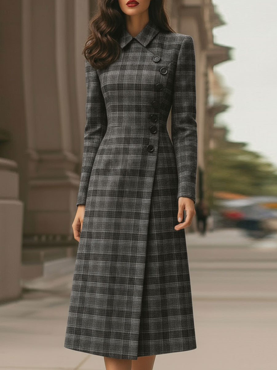 Elegant Plaid Asymmetric Button - Front Midi Dress