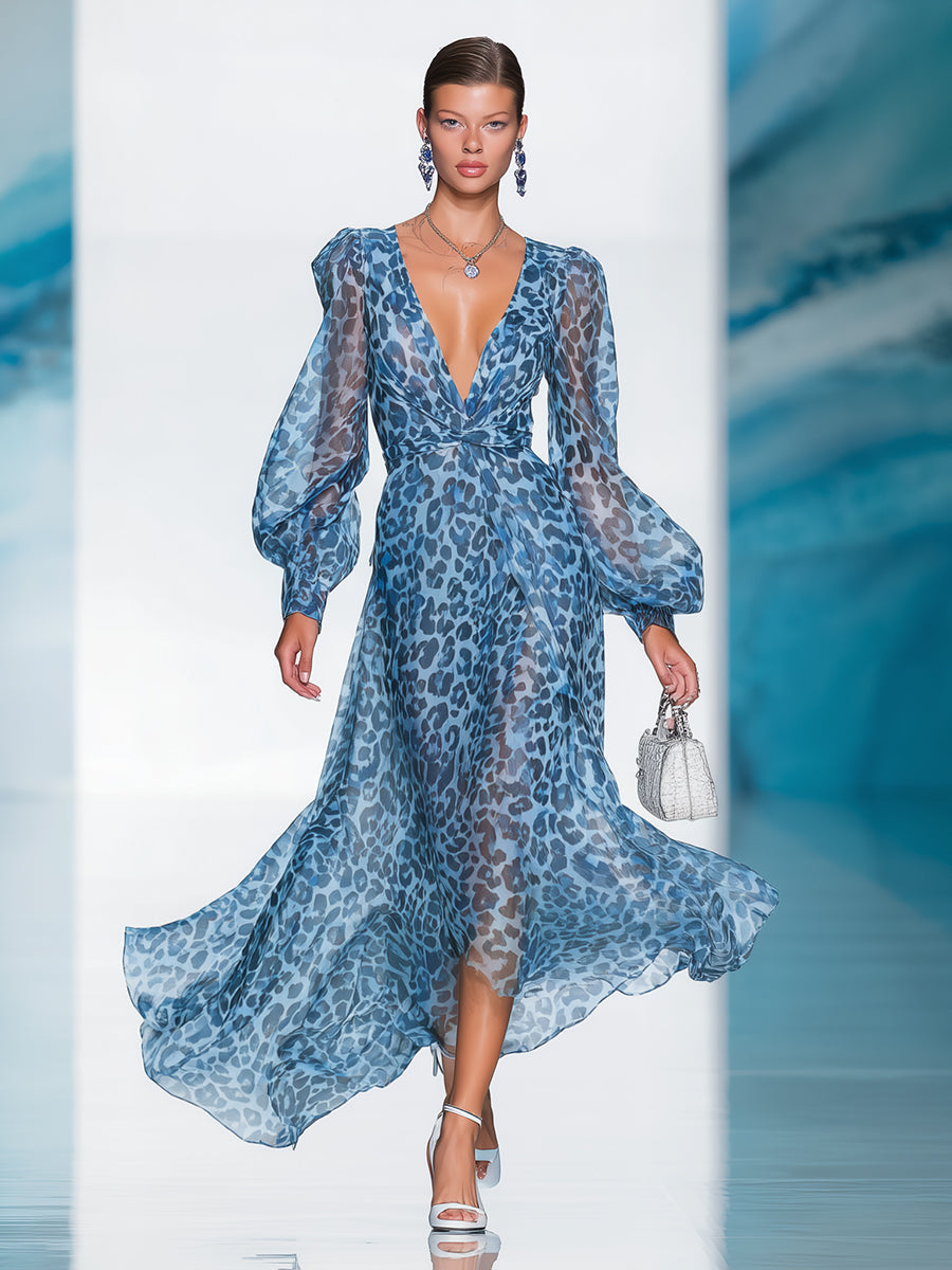 ¡¾24-hour shipping out¡¿Elegant And Fashionable Chiffon Blue Leopard Print Long Sleeve V-neck Flowing Maxi Dress