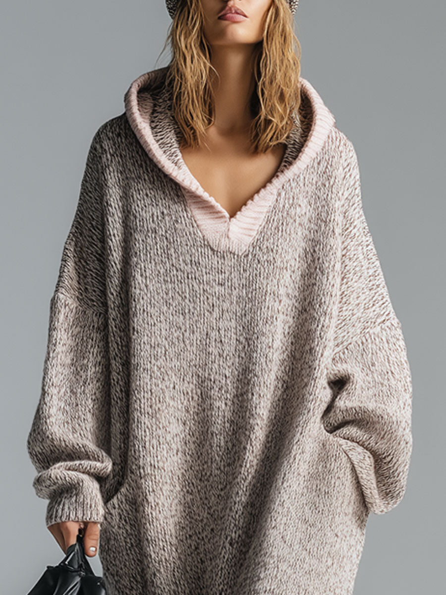 Fashion Loose Retro Trimmed Floral Gray Hooded Knitted Midi Dress