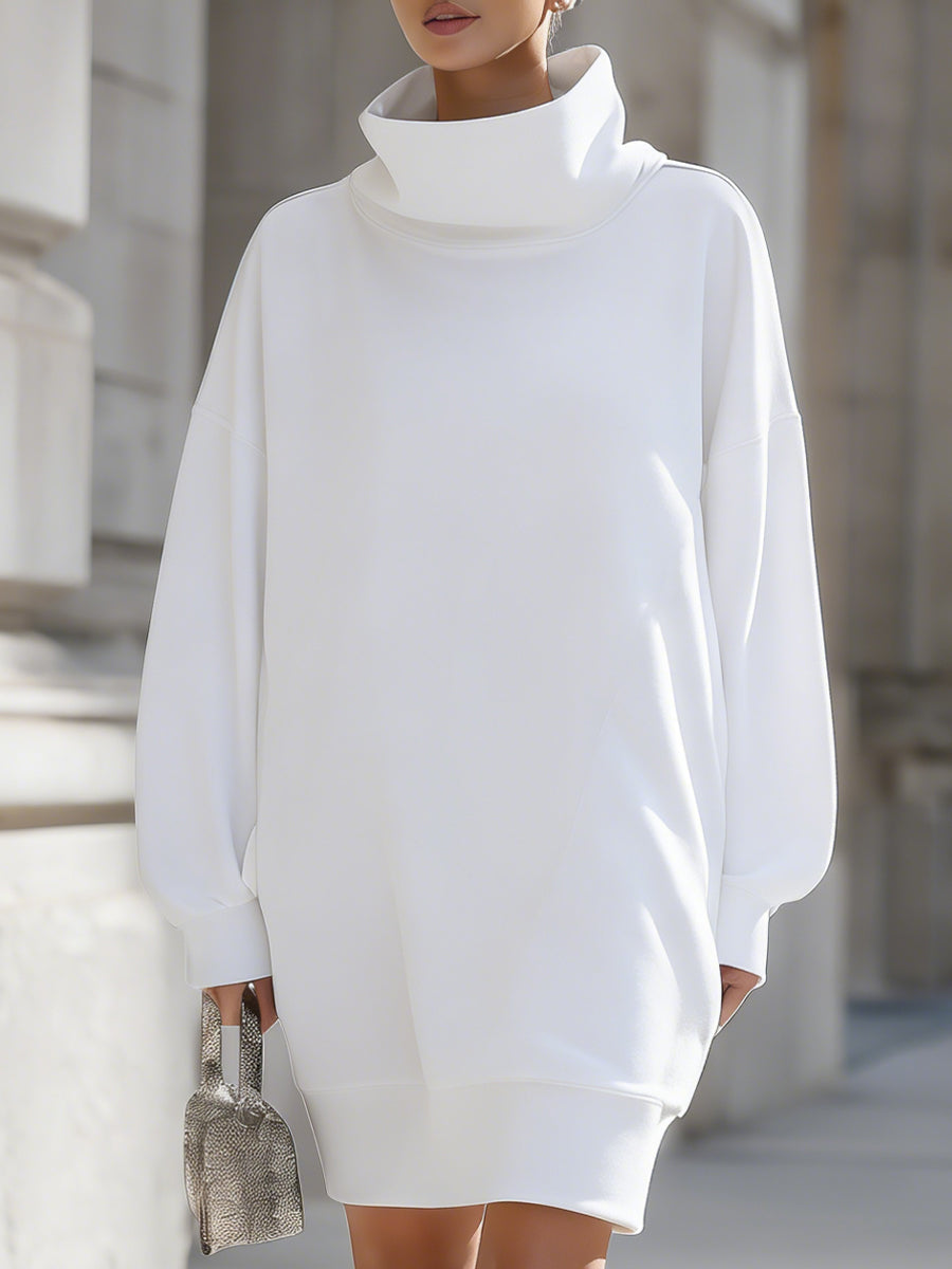 Minimalist White Oversized Turtleneck Sweatshirt Dress