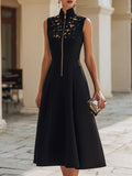 Embroidered Stand-Collar Zip-Front Midi Dress