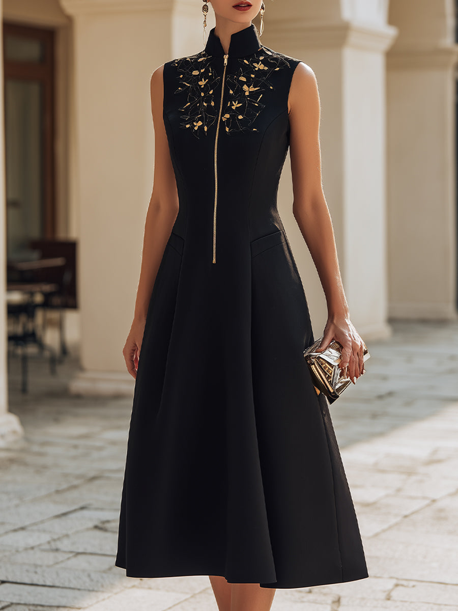 Embroidered Stand-Collar Zip-Front Midi Dress