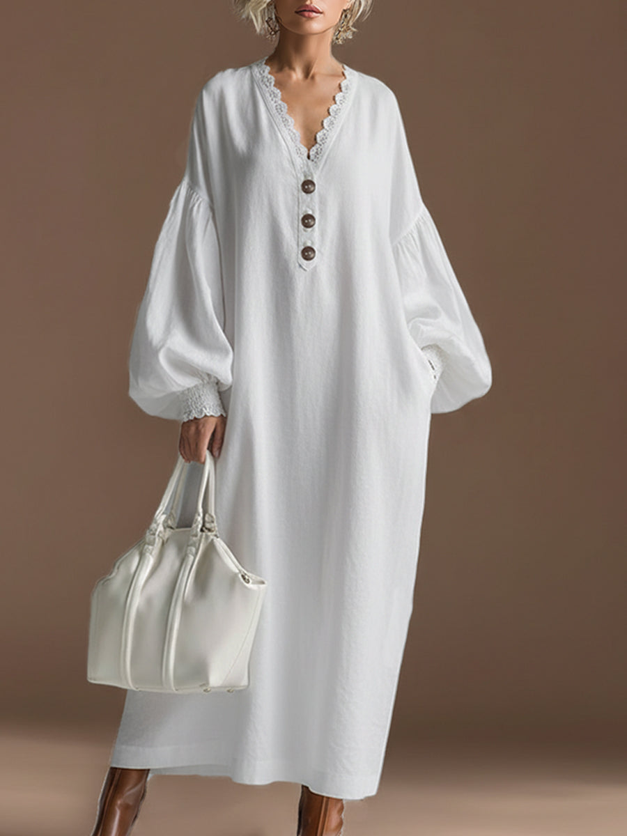 Elegant Urban Silhouette Lace Trim White Cotton And Linen Long-sleeved Maxi Dress