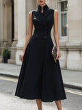 Tailored Sleeveless Double-Breasted Vest Midi Dress