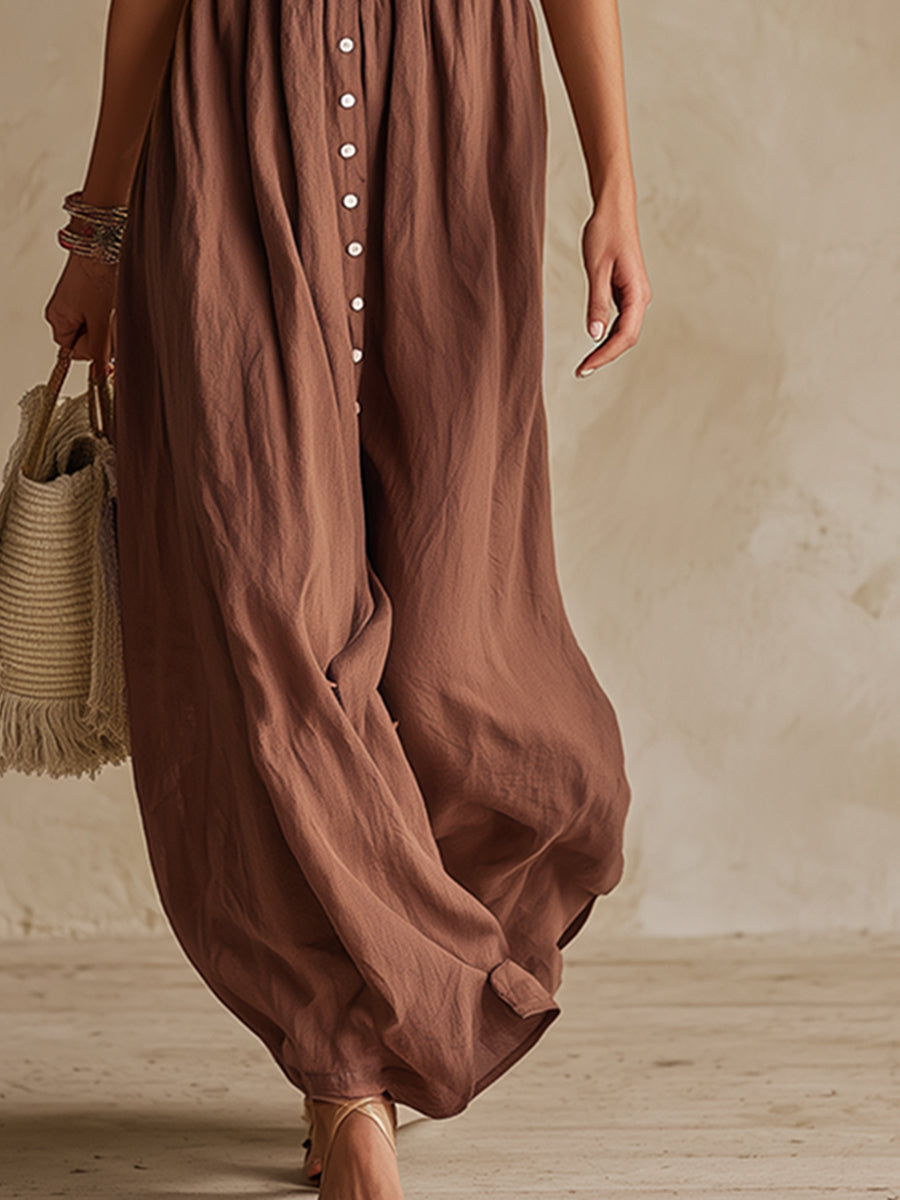 Retro Ethnic Style Embroidered Brown Cotton And Linen Short-sleeved Maxi Dress
