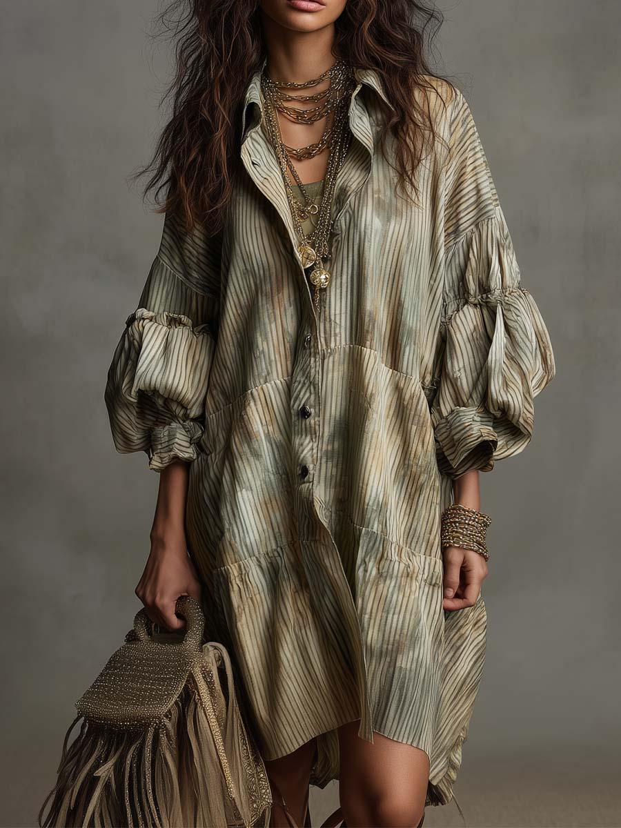 Vintage Boho Striped Button Shirt Dress
