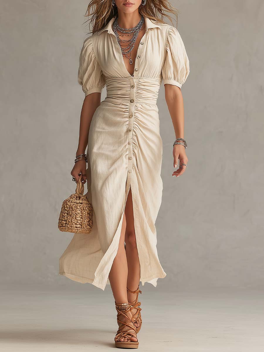 Elegant Vintage Cotton Button Midi Dress