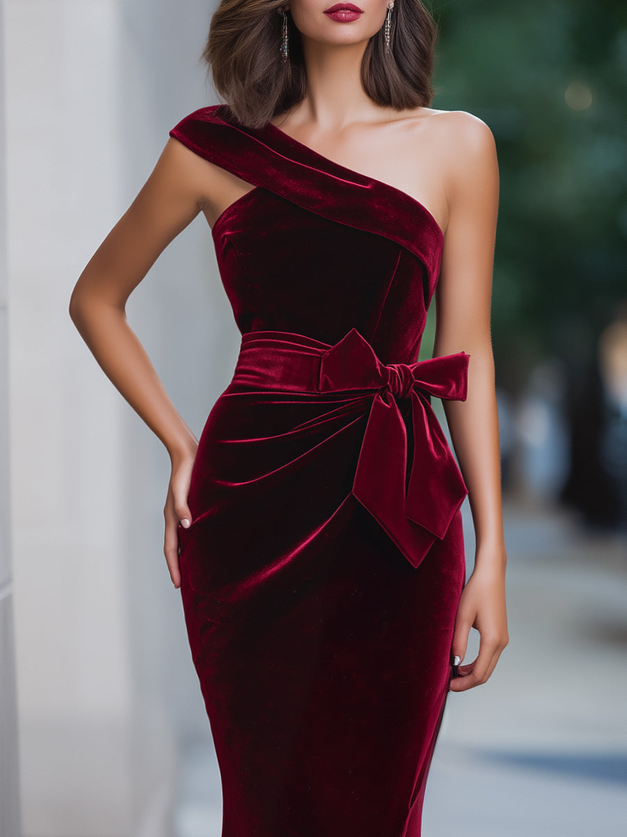 One-Shoulder Velvet Evening Dress With Waist Bow