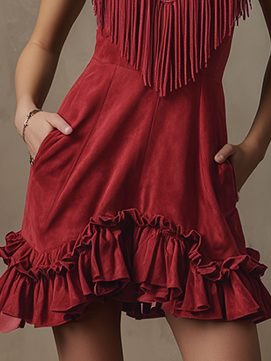 Western Retro Tassel Red Sleeveless V-Neck Faux Suede Mini Dress