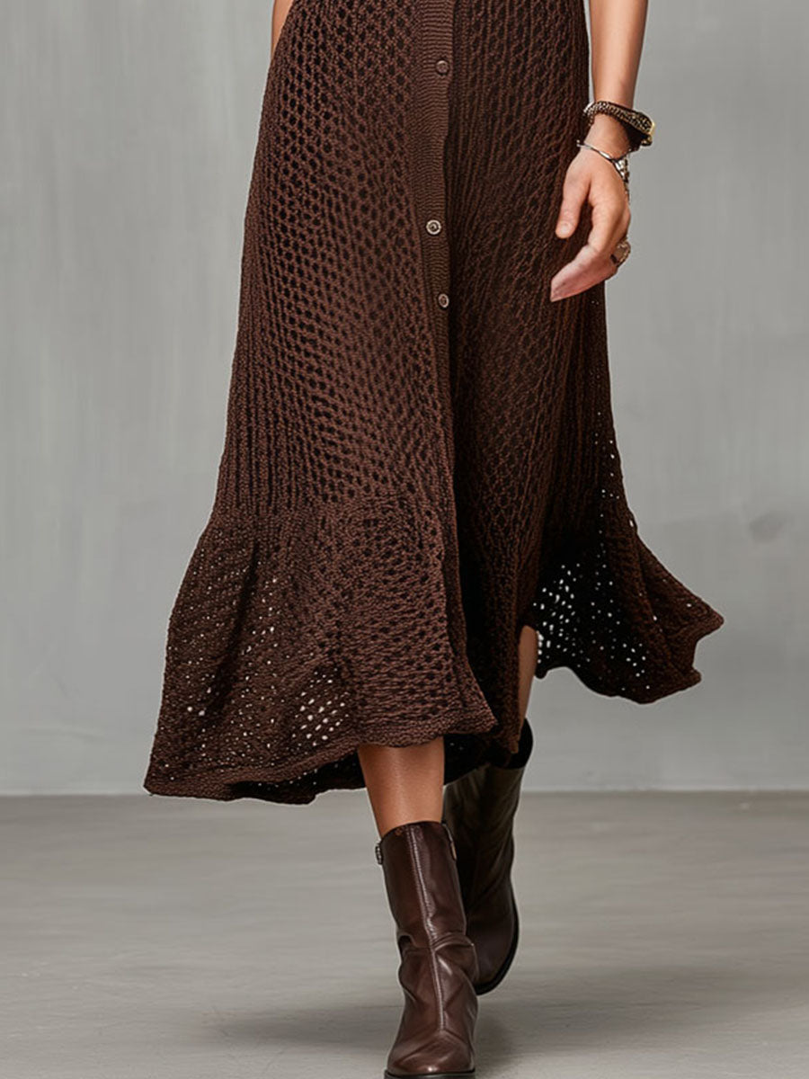 Quiet Luxury Chocolate Brown Crochet Knit Shirt Dress