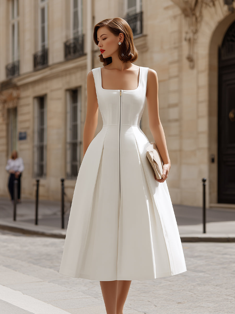 Square Neck Zip-Front Fit-and-Flare Midi Dress
