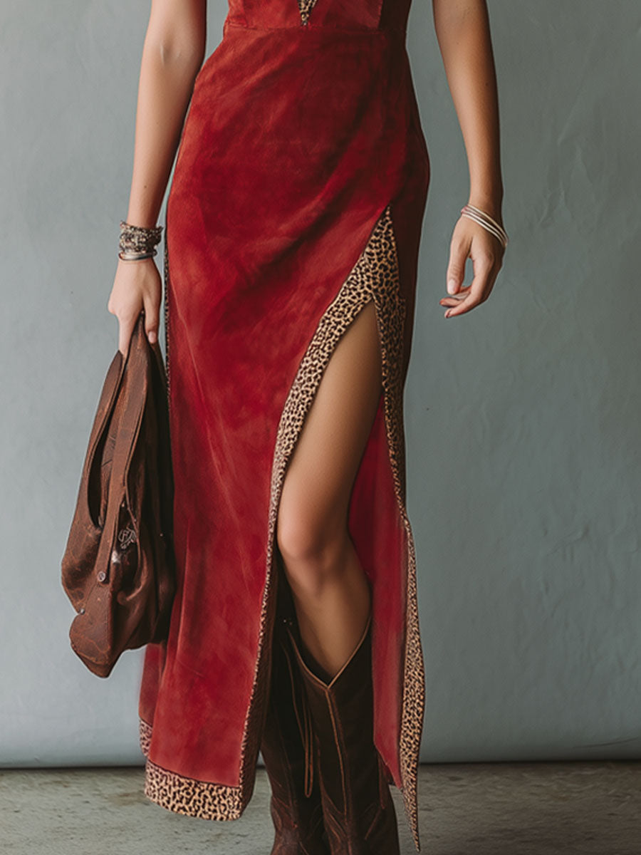 Leopard Print V-neck Faux Suede Sleeveless Maxi Dress