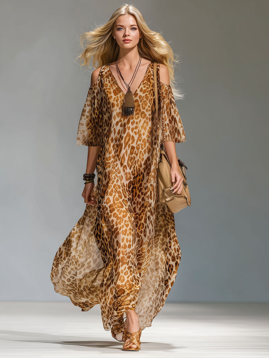 Leopard Print V-neck Cold Shoulder Chiffon Short-sleeved Maxi Dress