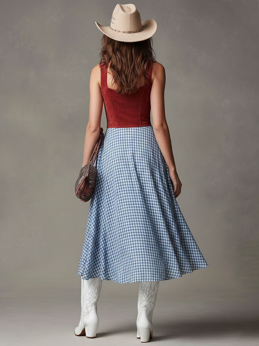 Western-style Retro Plaid Chiffon Red Faux Suede Sleeveless Midi Dress