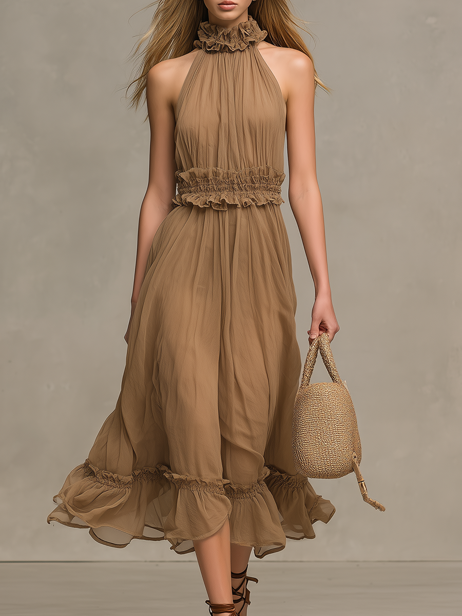 Elegant And Casual Halter-neck Sleeveless Midi Dress With Ruffle Details