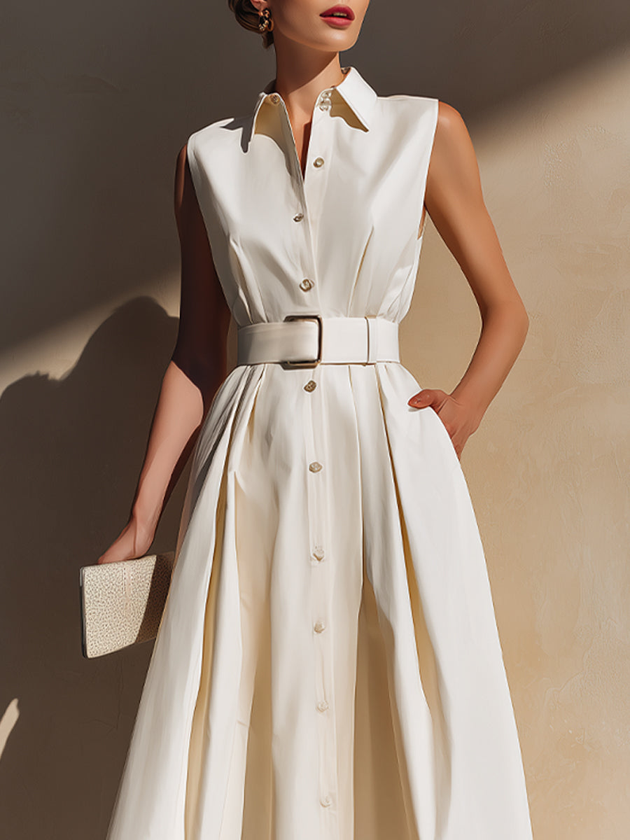 Sleeveless Belted Shirt Midi Dress
