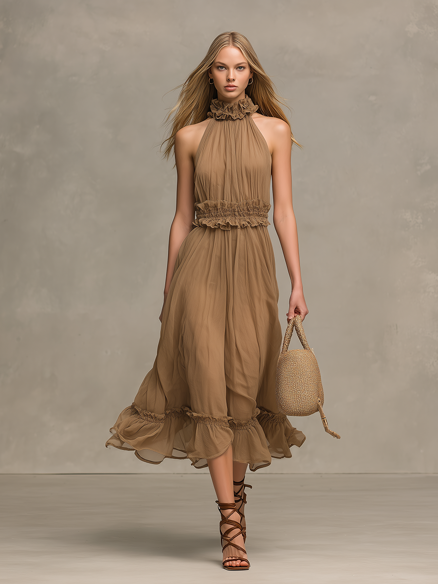 Elegant And Casual Halter-neck Sleeveless Midi Dress With Ruffle Details