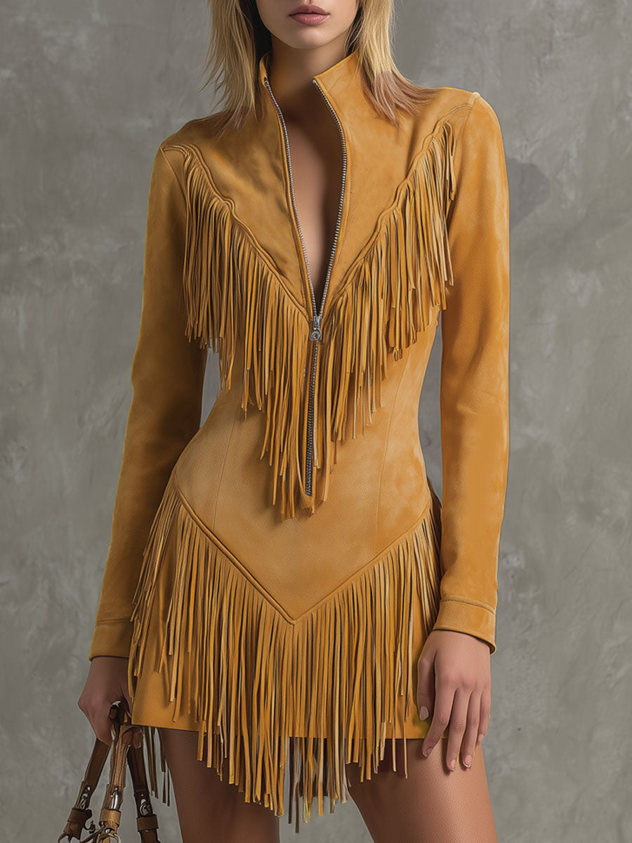 Stand-collar Zippered Fringed Faux Suede Long-sleeved Mini Dress