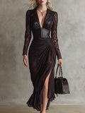 Retro High-end Brown-red Imitation Leather Stitching Lace Long-sleeved Maxi Dress