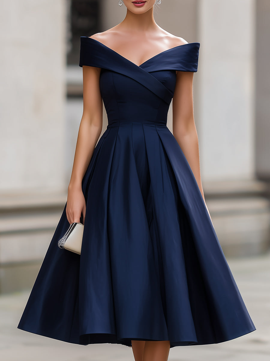 Navy Blue Off-Shoulder Pleated Midi Cocktail Dress