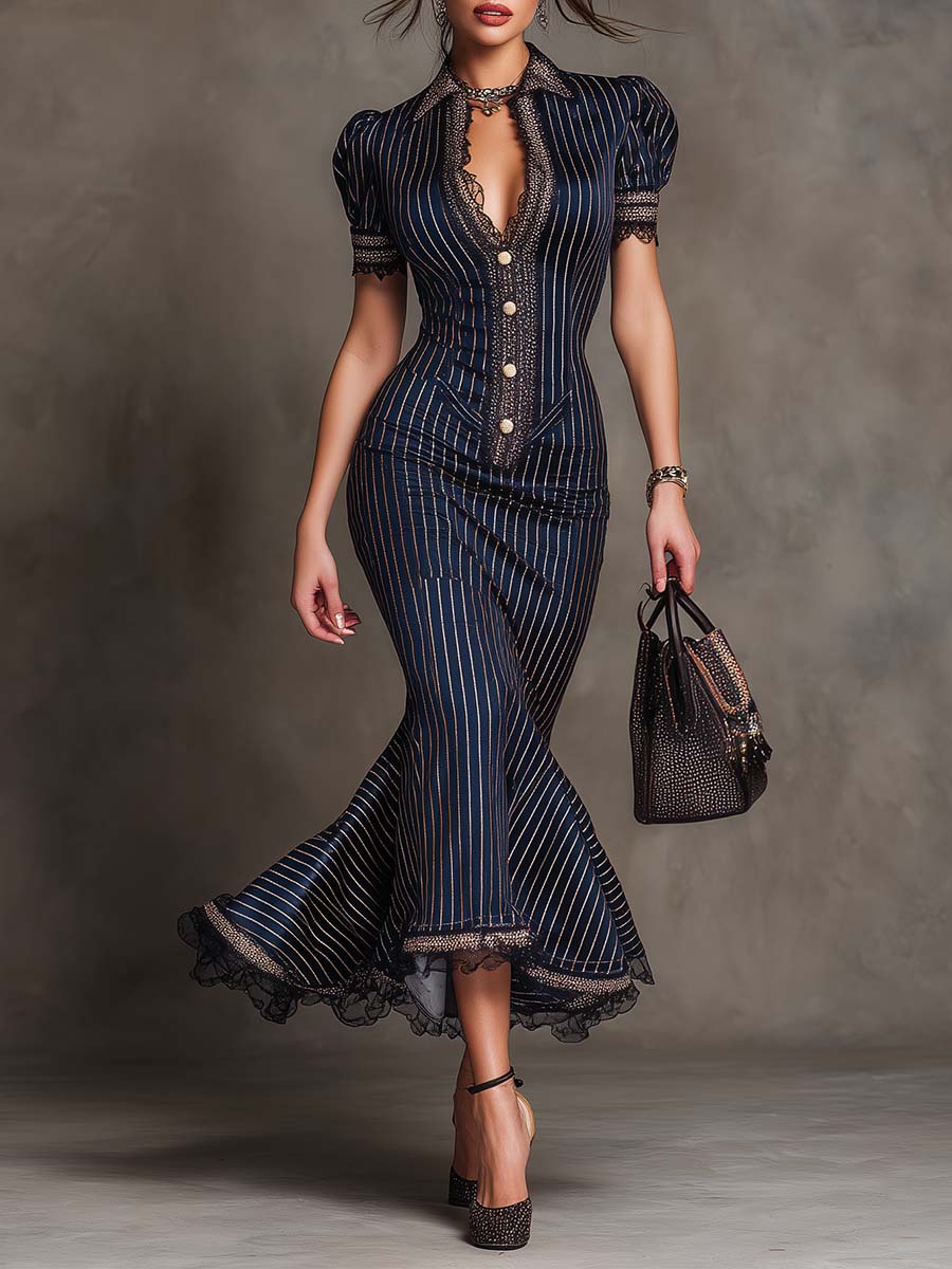 Elegant Vintage Pinstripe Lace Trim Midi Dress