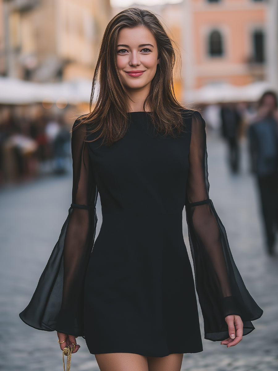 Elegant Sheer-Sleeve Mini Dress With Flared Cuffs
