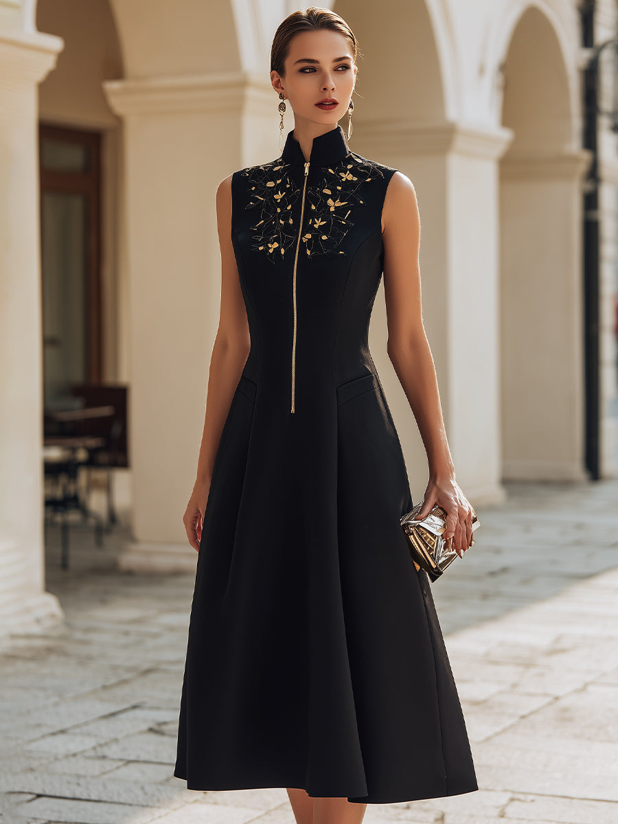 Embroidered Stand-Collar Zip-Front Midi Dress