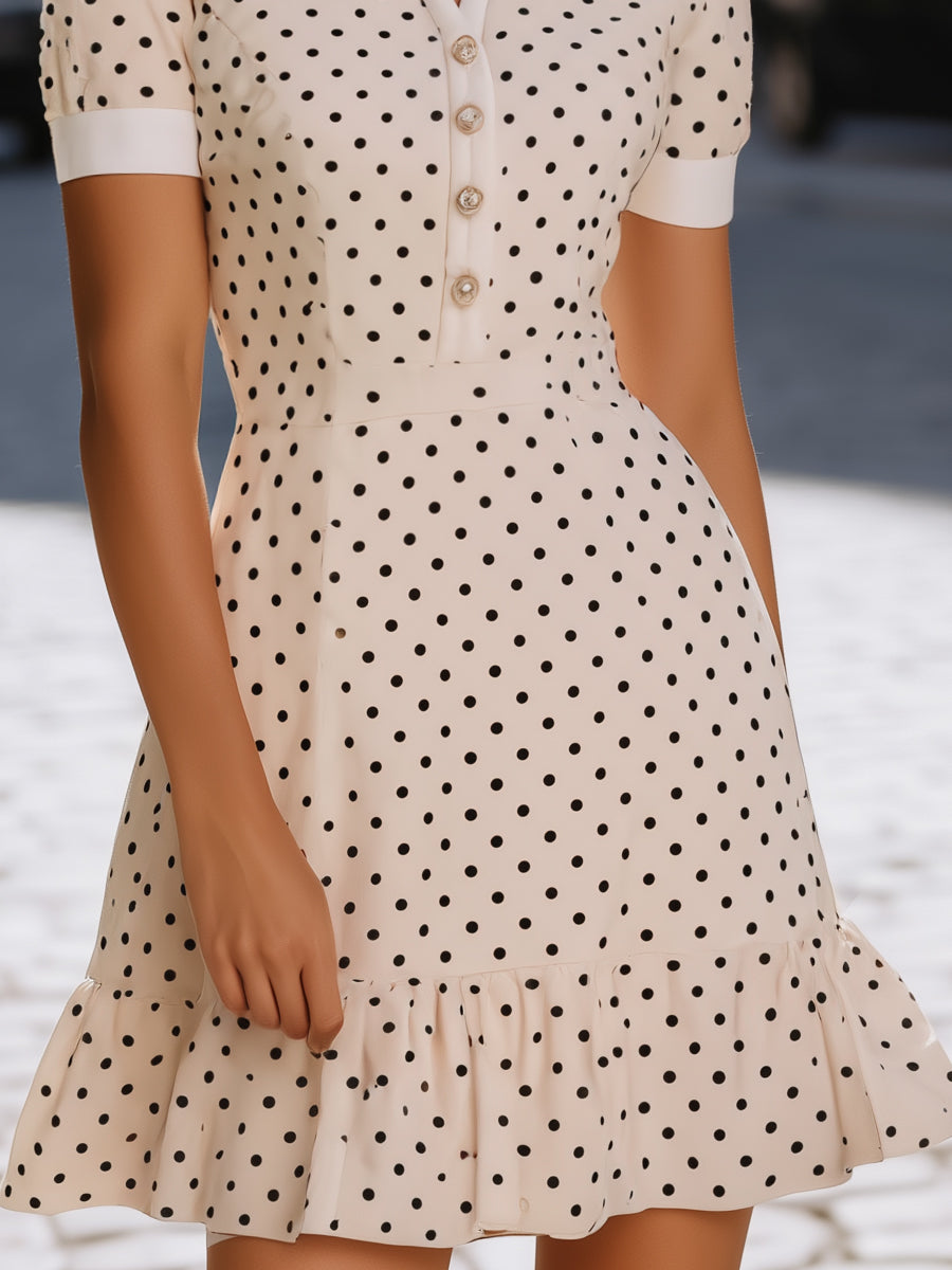 Polka Dot Collared Button-Front Ruffle Hem Dress
