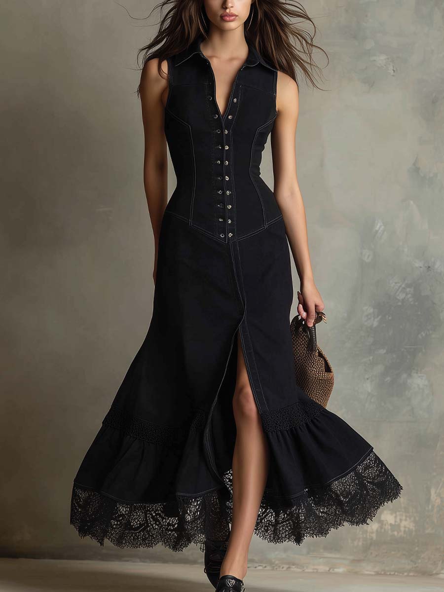 Vintage Slim-fit Lace Trim Midi Dress