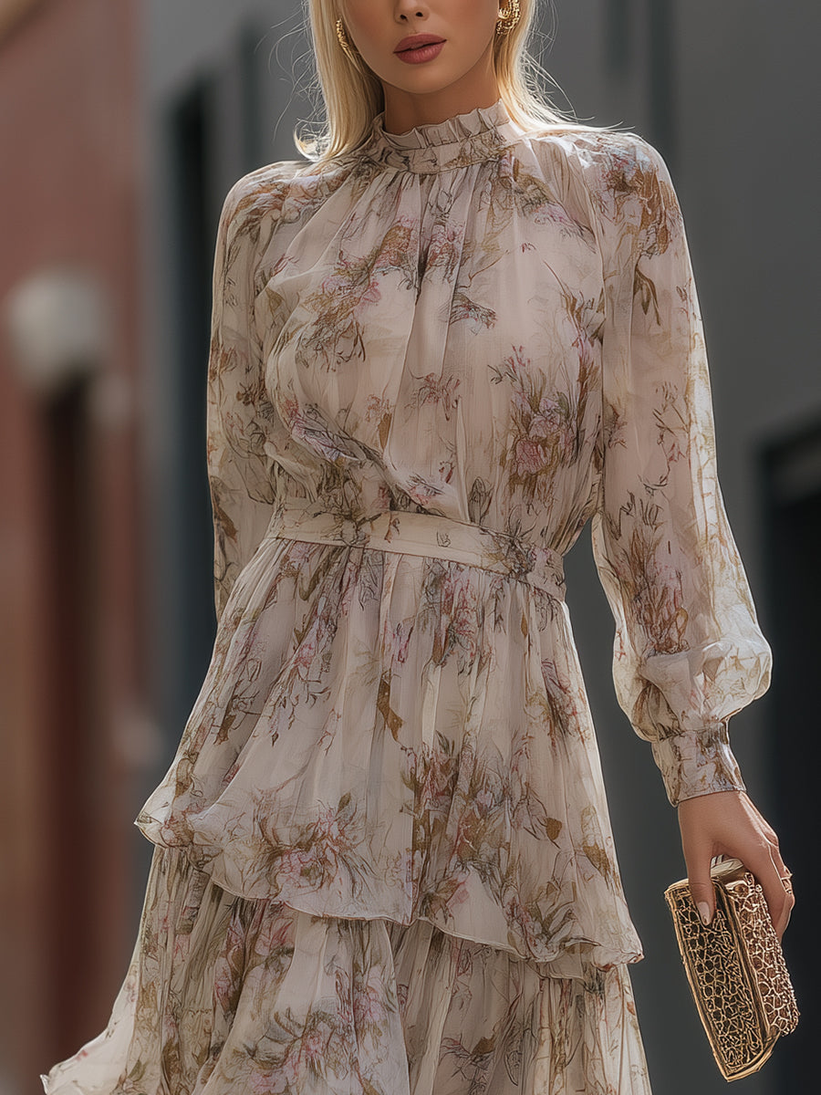 High Neck Tiered Floral Maxi Dress