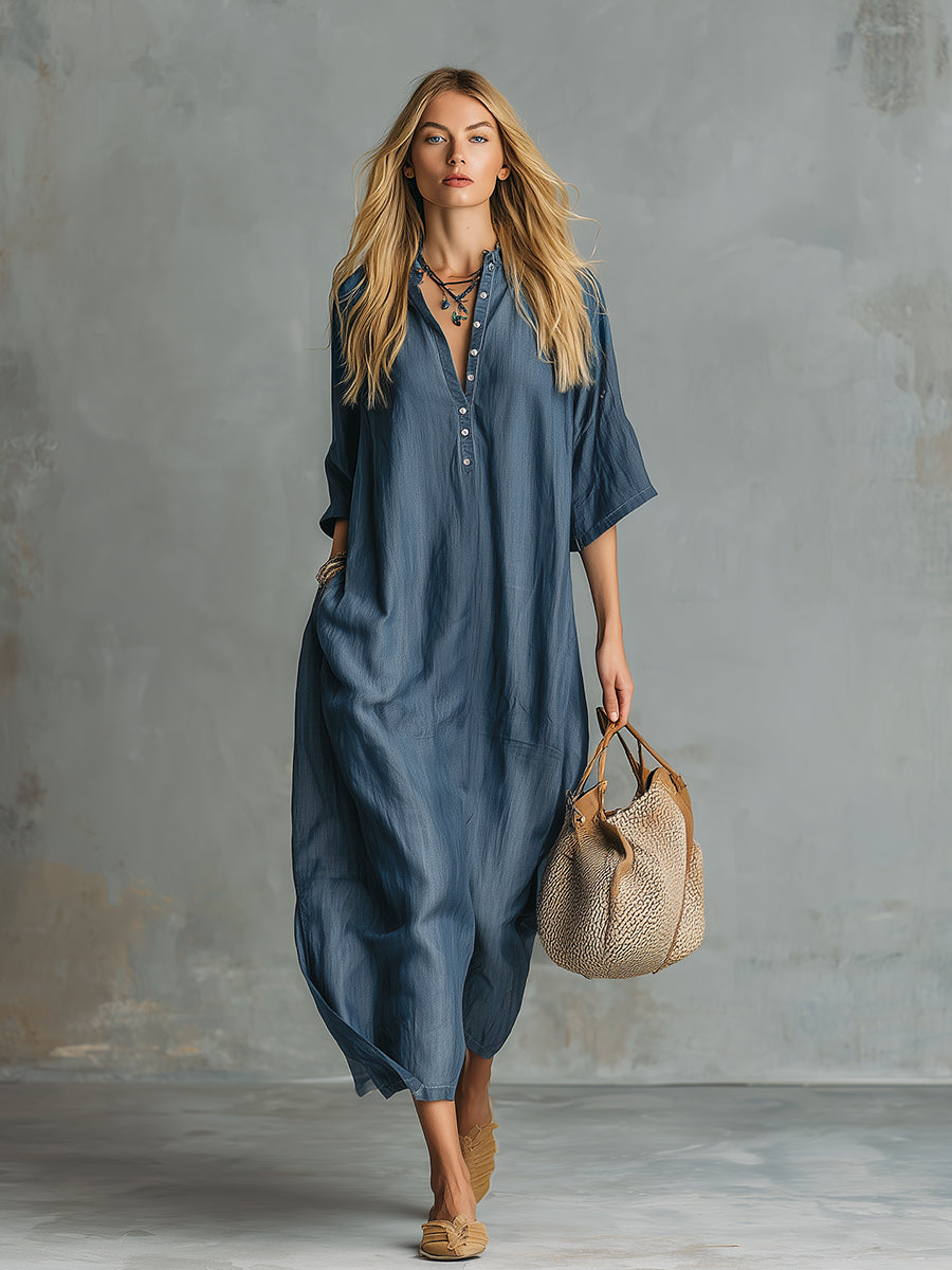 Retro Blue Tencel Denim Short-sleeved Maxi Dress