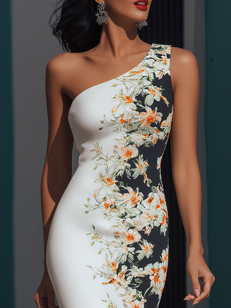 Tailored One-Shoulder Satin Floral Sheath Dress