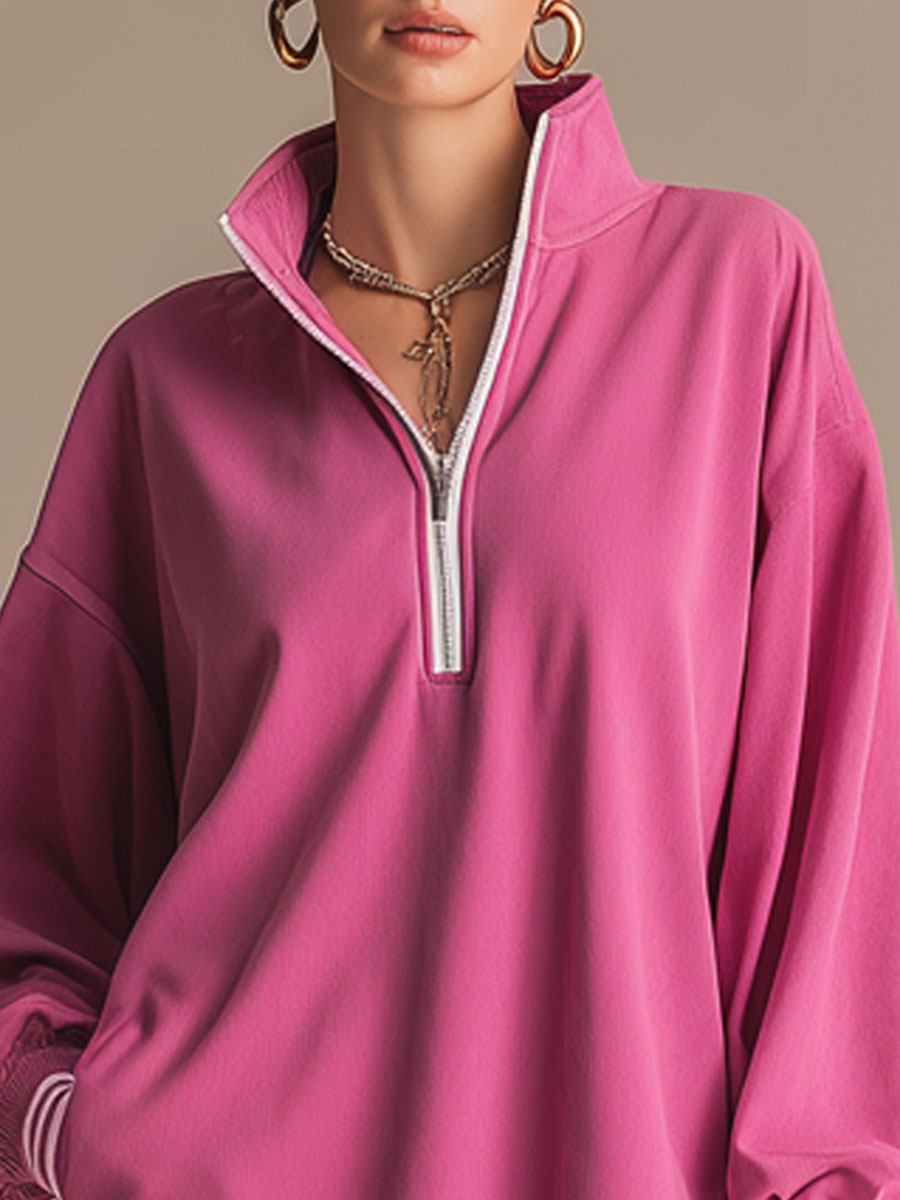 Sporty Retro Pink Cotton Half-Zip Ruffle Sweatshirt Mini Dress