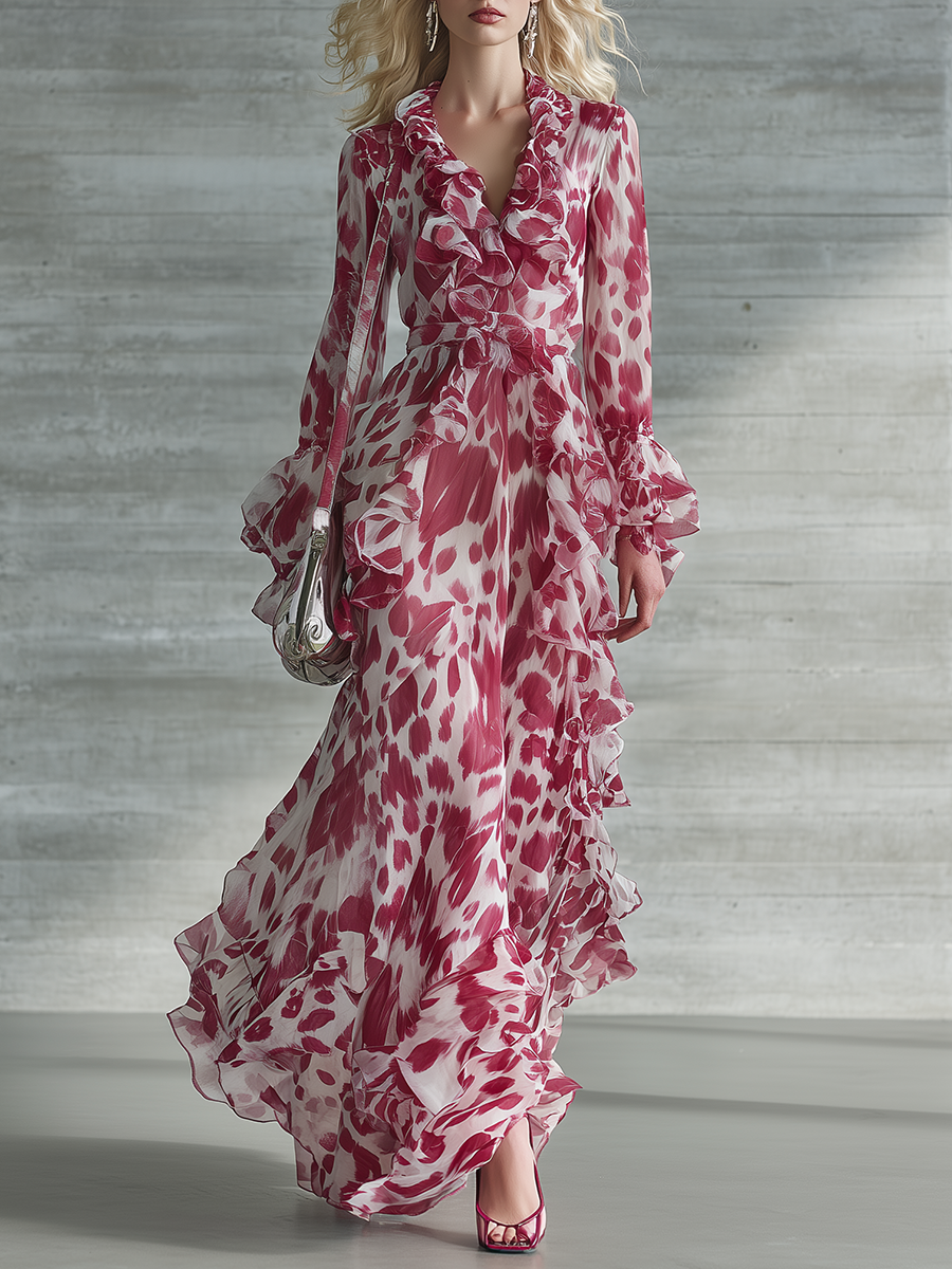 Romantic Bohemian Print Ruffle V-neck Maxi Dress