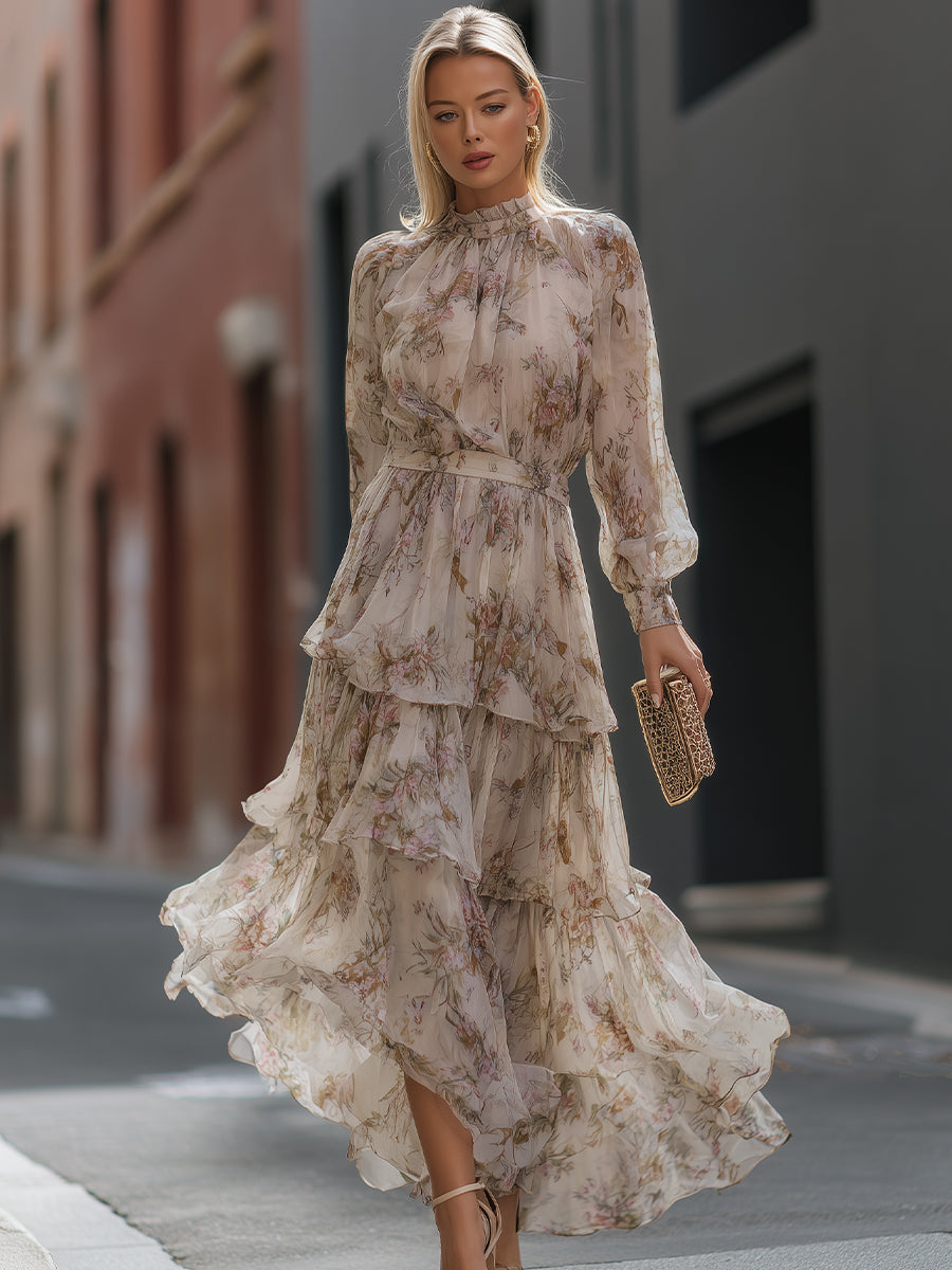 High Neck Tiered Floral Maxi Dress