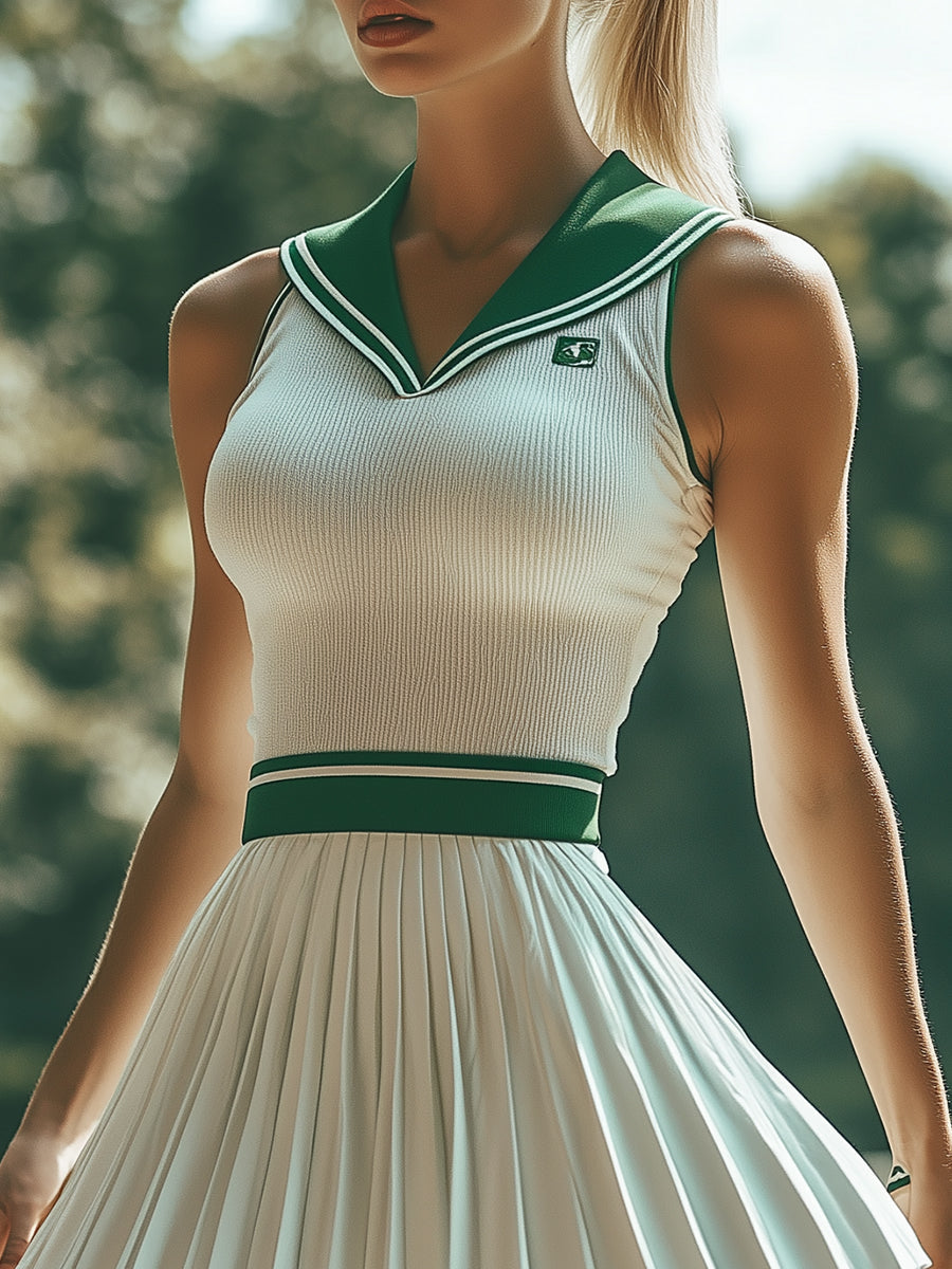 ¡¾24-hour shipping out¡¿Fashionable Preppy Style White And Green Contrast Striped Sleeveless Mini Dress