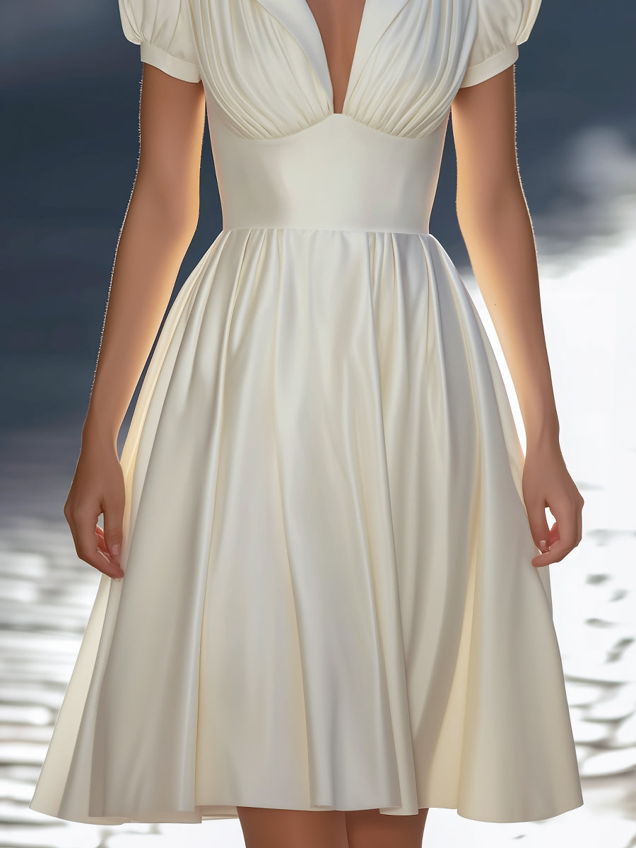 Pleated V-Neck Puff Sleeve Fit-and-Flare Dress