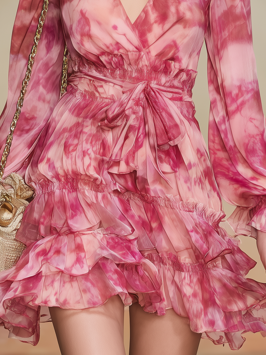 Relaxed And Elegant V-neck Printed Chiffon Mini Dress