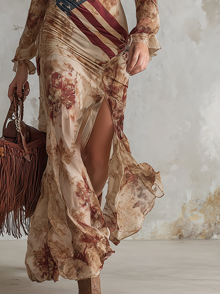 Vintage Bohemian Apricot Floral Print Chiffon Long-sleeved Maxi Dress