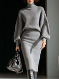 Gray Ribbed Turtleneck Batwing Sweater Dress
