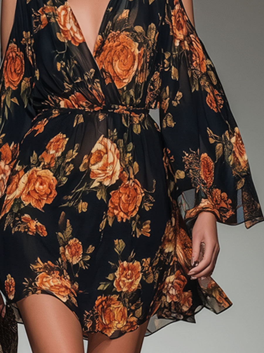 Floral Print V-neck Off-the-shoulder Chiffon Long-sleeved Mini Dress