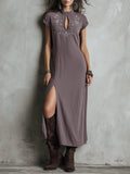 Vintage Cotton Keyhole Neckline Embroidered Maxi Dress