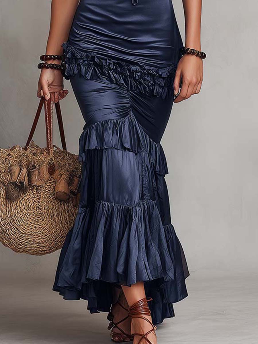 Vintage Boho Ruffled Satin Maxi Dress