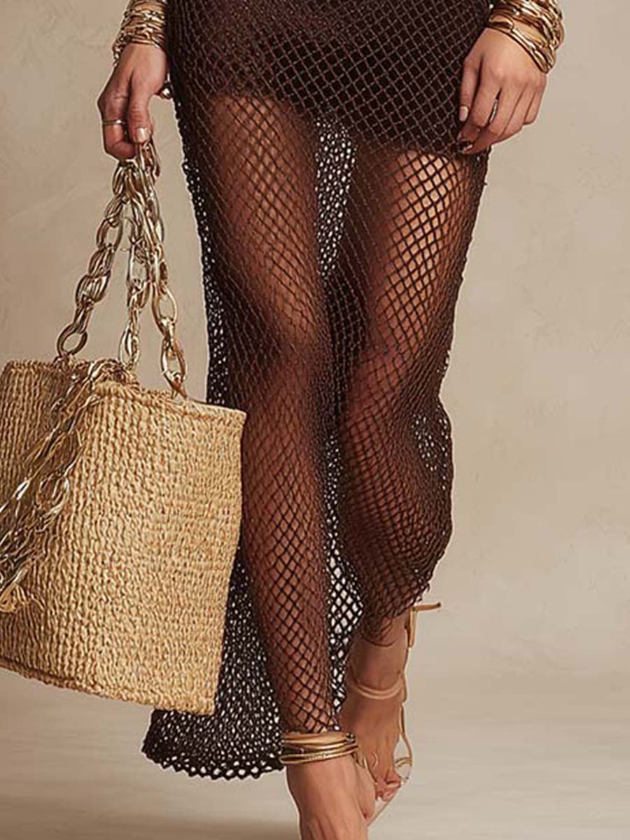 Bohemian Holiday Halter Neck Sheer Mesh Maxi Dress
