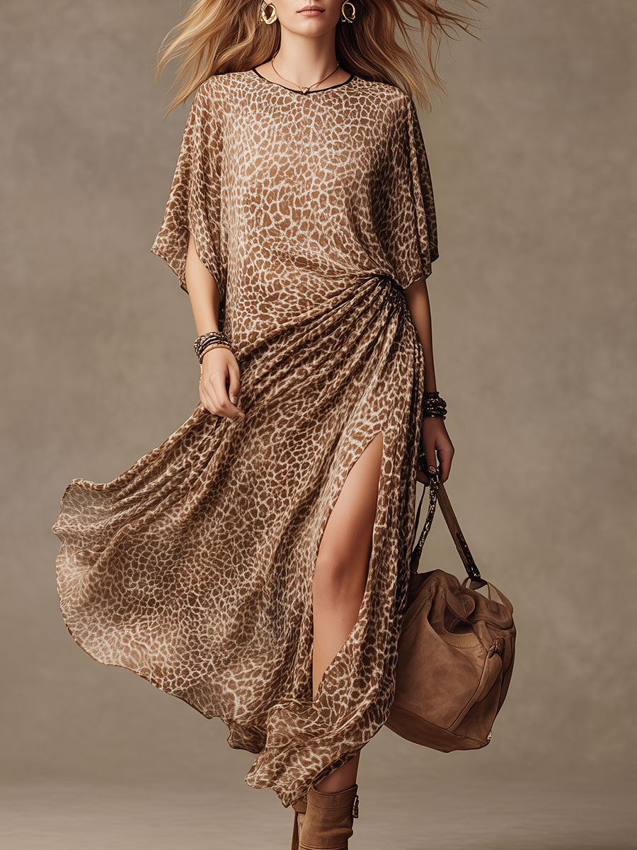 Loose-fitting Western Brown Leopard Print Slit Short-sleeved Faux Suede Midi Dress
