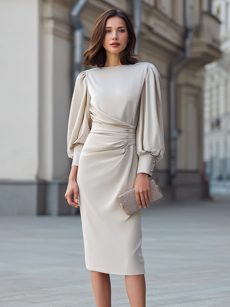 Draped Waist Puff Sleeve Midi Dress