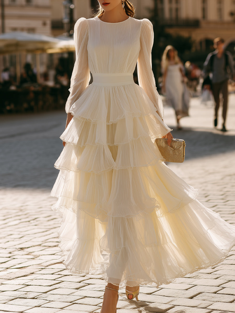 Tiered Ruffle Long Sleeve Pleated Maxi Dress