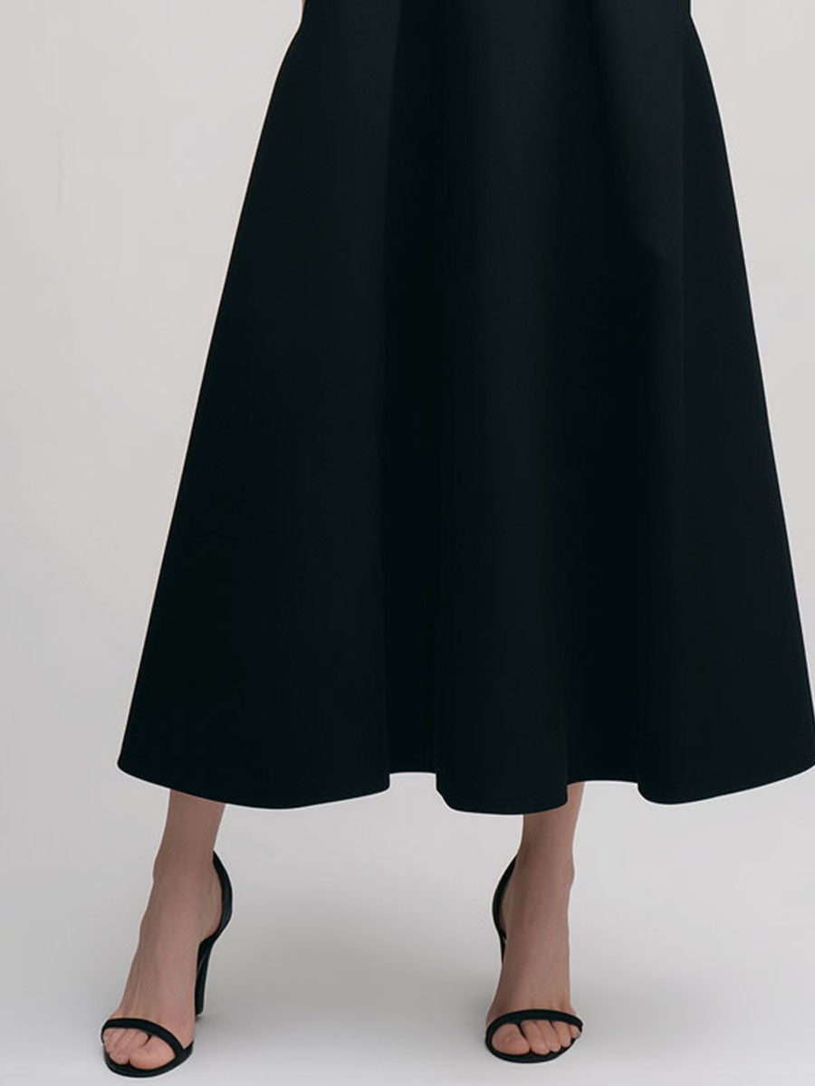 Elegant High-Neck Black Cutout Halter Evening Midi Dress